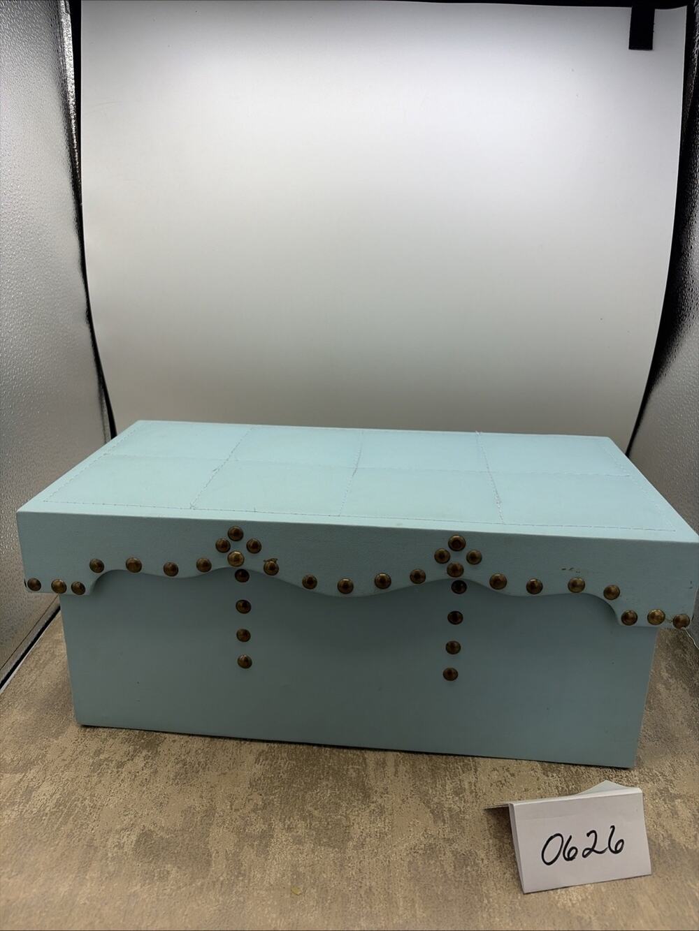 Teal Wood Storage Box w/ Brass Studs & Dk Red Velvet Lining 6.5”T 14” L 7”W